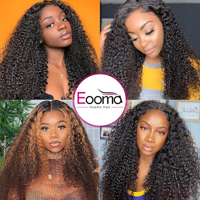 Eooma 4x4 HD Transparent Lace Front Wigs Human Hair with Baby Hair 150% Density 22 Inch Brazilian Curly Lace Closure Human Hair Wigs for Black Women Natural Black Color