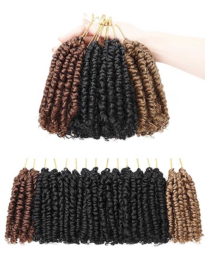 Passion Twist Crochet Hair- Mixed Colors Combo Pack,4 Inch 8 Packs Pre Looped Pretwisted Super Short Crochet Hair Extensions Braided by Synthetic Spring Kinky Twist Bohemian Curls(1B+27#+30#)
