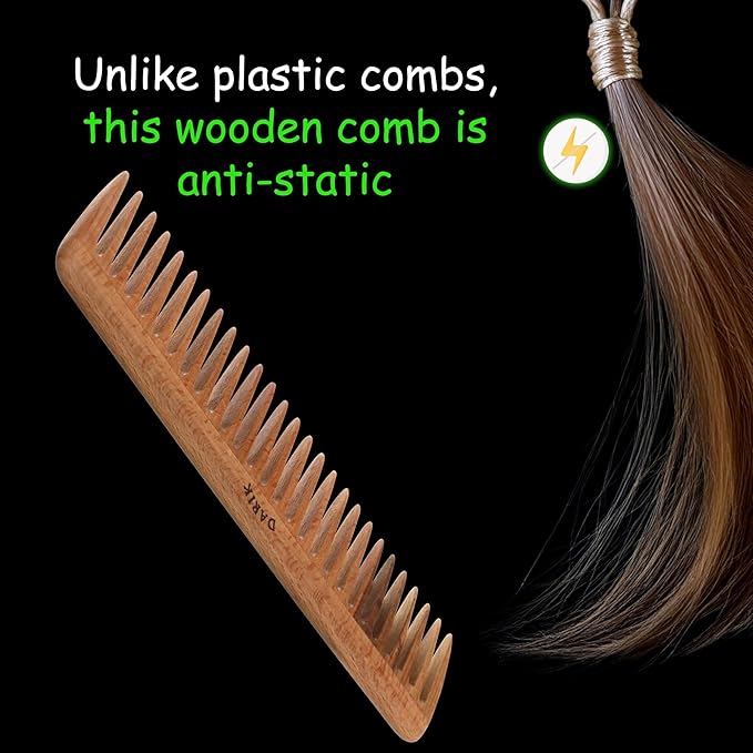 Wide Tooth Wooden Comb Handmade - Natural Vintage Style Wide Tooth Comb for Curls Gentle Styling - Anti-Static Wood Hair Combs For Women Detangling (Sparse Tooth)