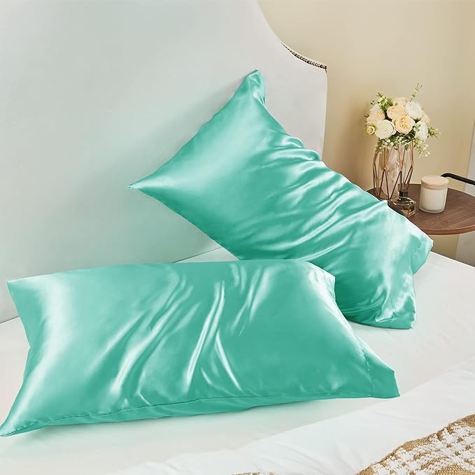 BEDELITE Satin Pillowcase for Hair and Skin, Super Soft and Cooling Similar to Silk Pillow Cases 2 Pack with Envelope Closure, Gift for Women Men(20"x30" Queen Size, Turquoise)