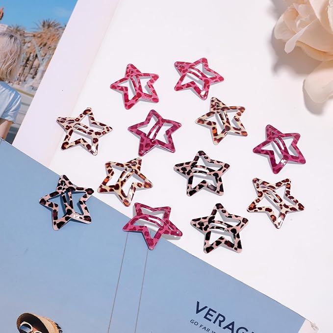 Star Hair Clips Snap Hair Barrettes Non Slip Star Hair Accessories Leopard Colors Metal Hair Clips for Girls Women -16 PCS - Red
