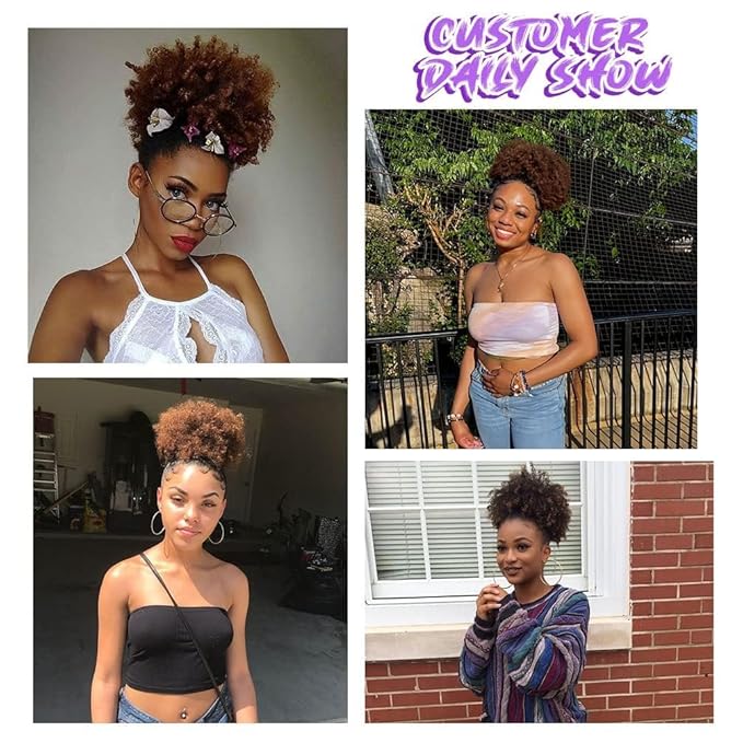 YEAME Afro Puff Drawstring Ponytail for Black Women, Short Kinky Curly Afro Ponytail Synthetic Hair Puffs, Premium Black Afro Bun Drawstring Ponytail for Women Girls (1B30 Black to Auburn Brown)