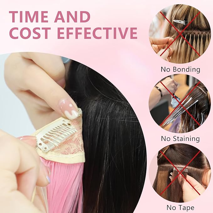 ALXNAN Clip in Long Wavy Synthetic Hair Extension 24 Inch Blonde Pink 4PCS Thick Hairpieces Fiber Double Weft Hair for Women