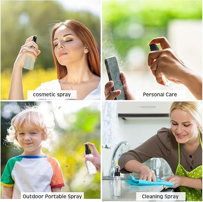 Roshtia 300 Pcs 2 oz Plastic Mini Spray Bottles with Black Cap Clear Empty Fine Mist Spray Bottles Refillable Liquid Container for Essential Oils Perfumes Travel Makeup