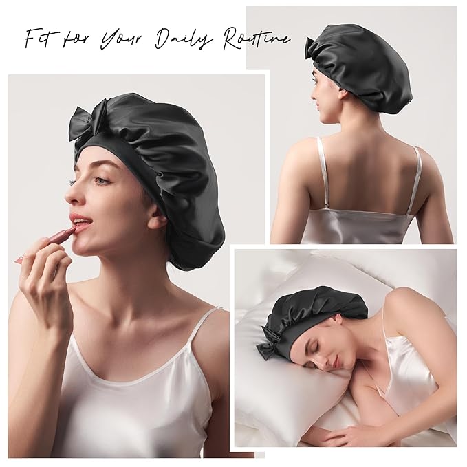 Umisleep Double-Sided 100% 22 Momme Mulberry Silk Bonnet for Sleeping Women, Large Silk Hair Wrap for Long Curly Hair, Non-Slip Sleep Cap with Adjustable Band, Ebony