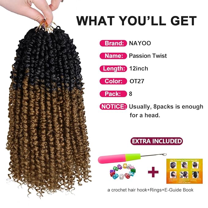NAYOO Passion Twist Hair - 8 Packs 12 Inch Passion Twist Crochet Hair For Women, Crochet Pretwisted Curly Hair Passion Twists Synthetic Braiding Hair Extensions(12 Inch 8 Packs, OT27)