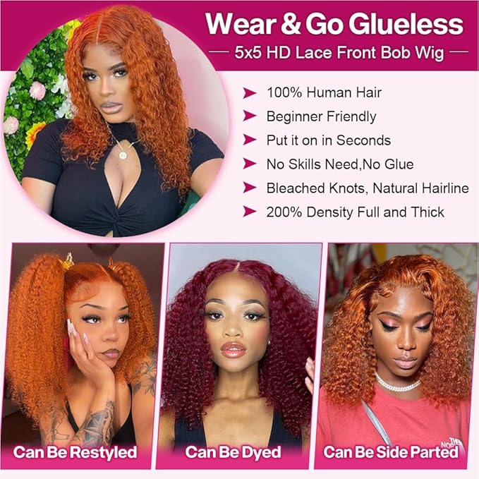 Curly Bob Wig Human Hair Deep Wave 200% Density 5x5 HD Lace Closure Wigs Human Hair Bob Wigs For Black Women Wear And Go Glueless Curly Wig Ginger Color 14 Inch
