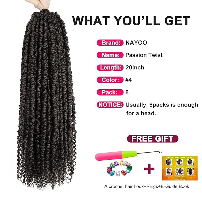 Passion Twist Hair - 8 Packs 20 Inch Passion Twist Crochet Hair For Women, Crochet Pretwisted Curly Hair Passion Twists Synthetic Braiding Hair Extensions (20 Inch 8 Packs, #4)