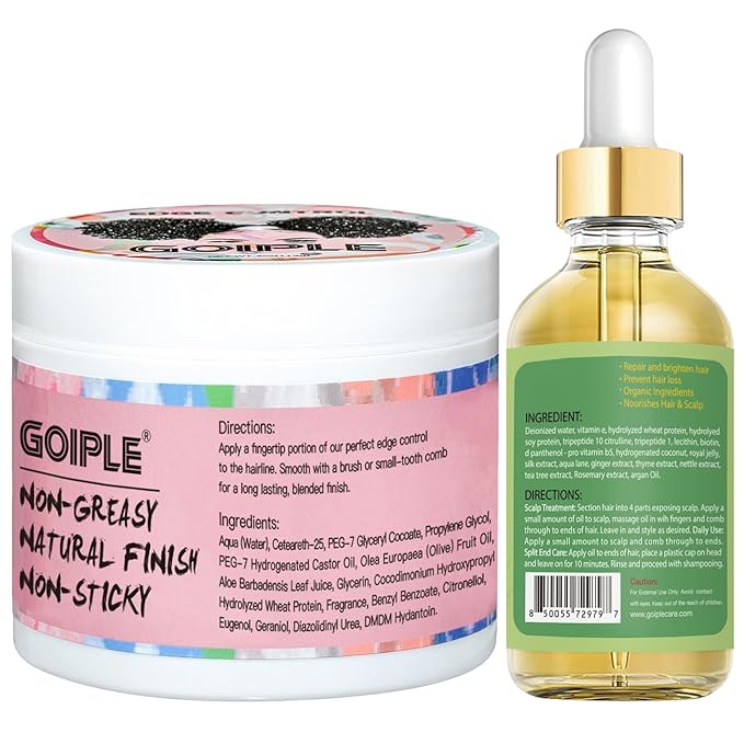 Edge Control Wax Strong Hold Non-greasy Hair Styling Gel - Edge Wax No Flaking Edge Control for Black Hair Edge Wax for Women Rosemary Hair Oil for Hair Growth Edge Brush Hair Braid Bonnet(7pcs)