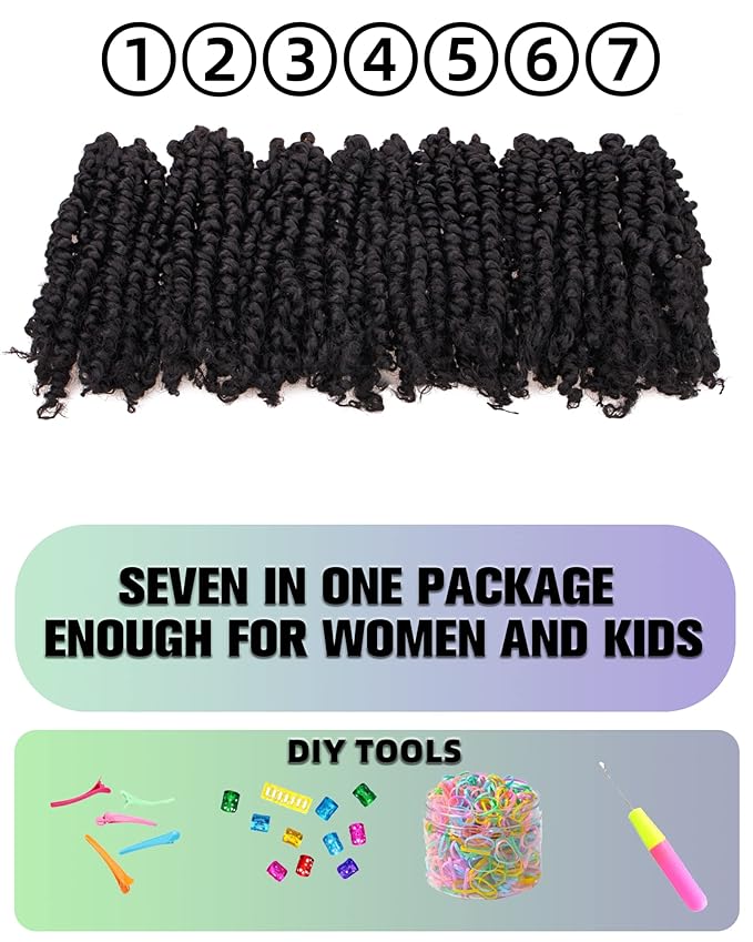 Super Short Passion Twist Crochet Hair for Black Women and Kids-6 Inch 7 Packs Natural Black Pre Looped Pre-twisted Passion Twist Hair,Bob Spring Kinky Twist Bohemian Curl(6"-7P,1B#)