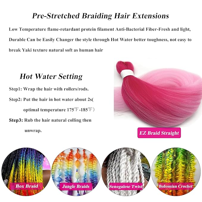Ombre Braiding Hair Pre Stretched Colored Pink Kanekalo Braiding Hair Extensions for Braiding Box Braids Knotless Crochet Jumbo Kids Micro Prestretched Braiding Hair Ombre 24 Inch 3 Pack