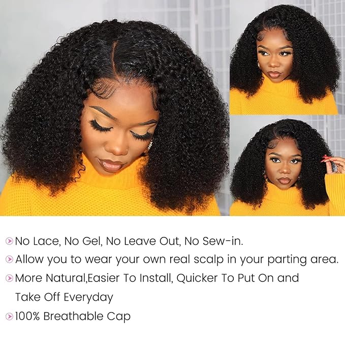 ISEE V Part Human Hair Kinky Curly Minimal/No Leave Out Upgrade U Part Wig for Black Women V Shape Kinky Curly Thin Part Glueless Clip In Half Wig 180% Density Natural Color 26 Inch