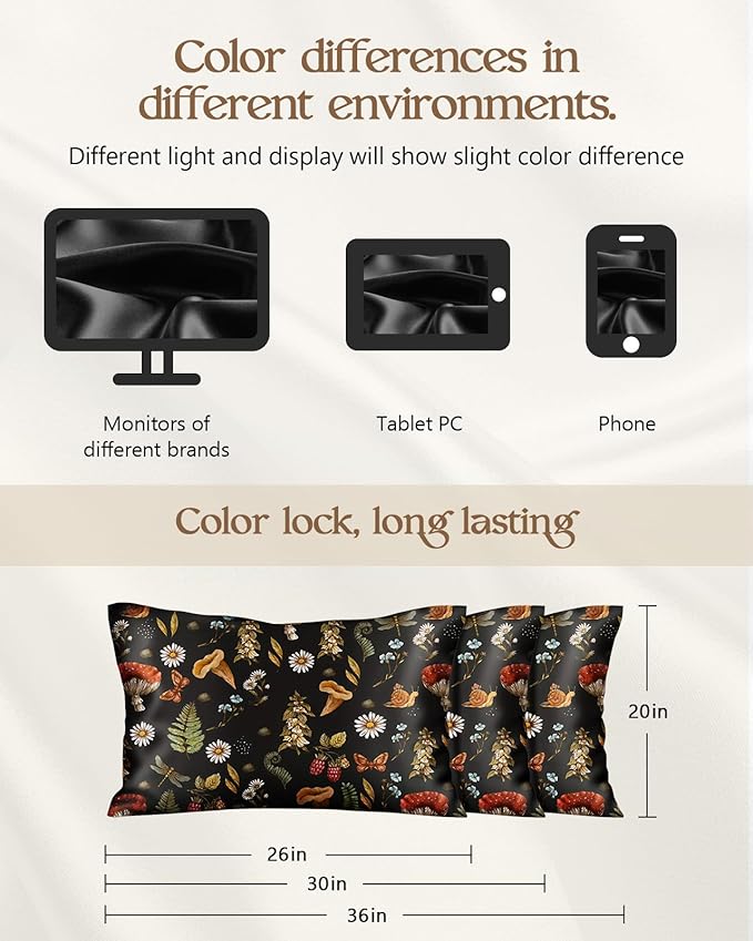 Silk Pillowcase 2 Pack - Cute Pillow Cases 20" x 26" Standard Size Set of 2 for Hair and Skin Smooth Soft Breathable with Hidden Zipper Cooling Pillow Covers for Sleeping, Mushroom Plants