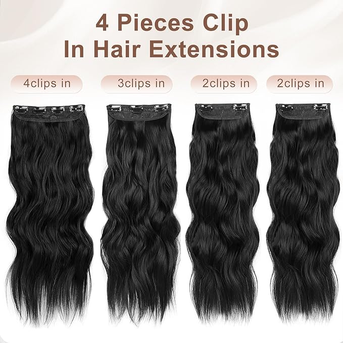 ALXNAN Clip in Hair Extension,Long Wavy Hair Extensions 20 Inch Black 4PCS Thick Hairpieces for Women