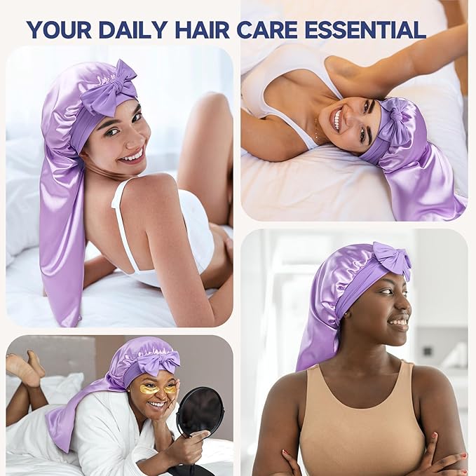Umisleep Silk Bonnet for Sleeping Women, 22 Momme Mulberry Real Silk, Long Hair Bonnet for Braids & Curls to Reduce Frizz, Double Layer Hair Wrap with Soft Adjustable Tie Band, Purple
