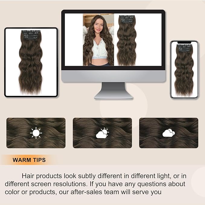 ALXNAN Clip in Hair Extensions for Women,Chocolate Brown with Dark Brown Long Wavy Hair Extensions Clip Ins 4PCS 24 Inch Synthetic Soft and Natural Thick Hair Pieces for Women