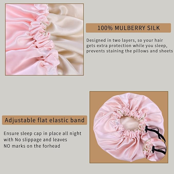 RedJoe 22 Momme 100% Mulberry Silk Bonnet Hair Wrap for Sleeping, Adjustable Silk Scrunchies Sleep Cap for Women Men Hair Care, Head Scarf Night Caps with Elastic Stay On Head, 1Pc(Pink,Beige)