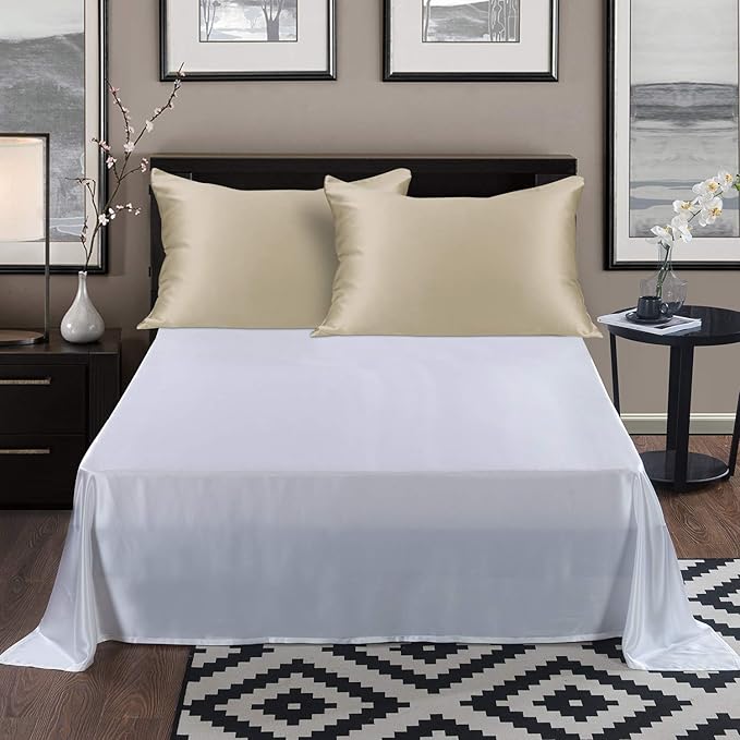 Standard Size Silk Pillowcase ALASKA BEAR Random Color Silk Scrunchie Gift Set for Beauty Sleep (1, Beige)