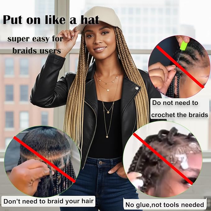 Hat Wig for Women Baseball Cap with blonde Braided Hair Attached 18inch long Synthetic Box Braid Wig Hat Adjustable Cap with ombre brown blonde light blonde Braids for Daily Outdoor Use