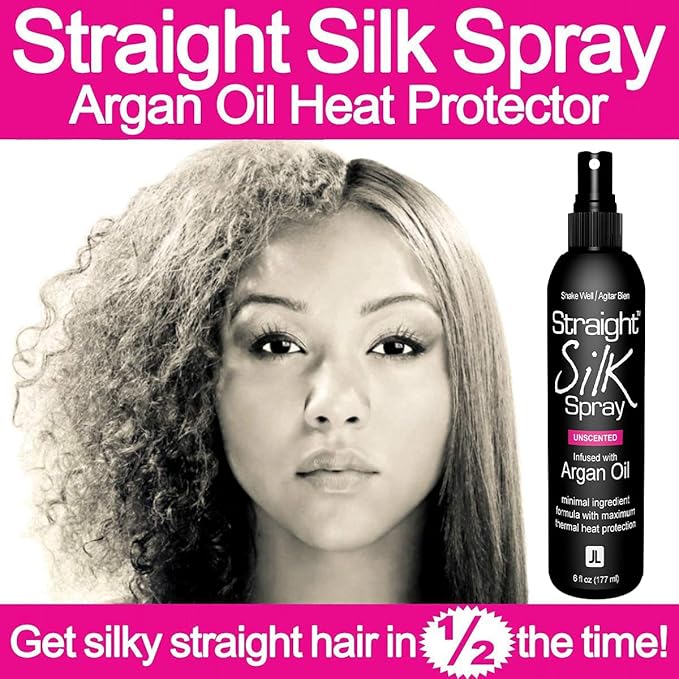 Straight Silk Spray with Moroccan Argan Oil Thermal Protector Spray | Hair Straightening & Detangler | Alcohol-Free | Heat Protectant up to 450°F | Flat-Iron | Blow-Dry | Unscented | MADE IN USA (6oz)
