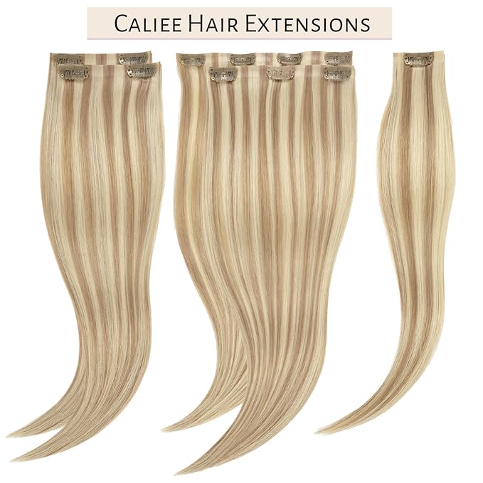 Caliee 14Inch Seamless Clip in Hair Extensions Human Hair Full Head P8-60A Light Brown Highlights Platinum Blonde Clip in Hair Extensions 7Pcs 110G Real Human Hair for Thin Hair