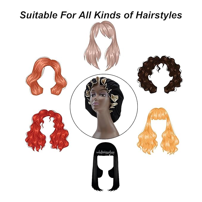 Silk Bonnet for Sleeping Satin Bonnets Double Layer Reversible Hair Cap Bonnet for Women Long Curly Braid Hair (Black)