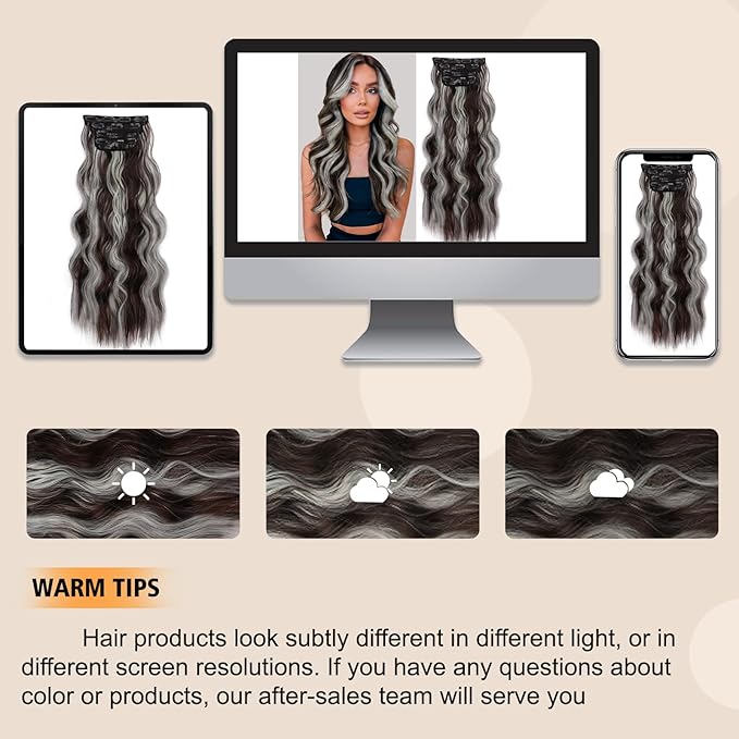 ALXNAN Clip in Long Wavy Synthetic Hair Extension 24 Inch Dark Brown Mix White Highlights 4PCS Thick Hairpieces Fiber Double Weft Hair for Women