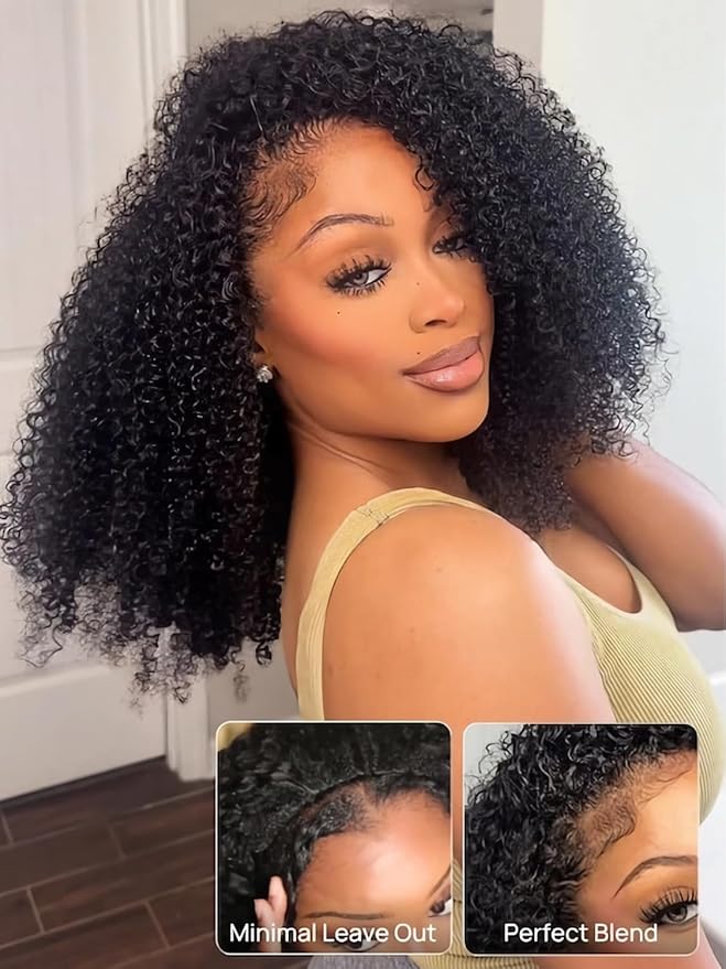 Julia Hair Afro Kinky Curly Half Wigs Human Hair 4C Blend Edges Hairline with Drawstring 3 In 1 Flip Over Clip in Glueless Beginner Friendly Headband Curly 3/4 Half Wig for Women 16 Inch