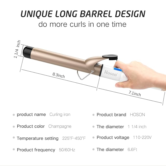 Hoson 1 1/4 Inch Curling Iron Dual Voltage, Ceramic Long Barrel 1.25 Inch Hair Curling Iron for Long Hair, LCD Display with 9 Heat Setting(225°F-450°F for All Hair Types, Glove Include)