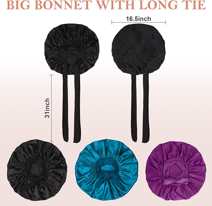 3Pcs Bonnets for Sleeping, Extra Satin Silk Bonnet for Sleeping Women with Tie Band for Curly Hair Jumbo Bonnet Braids