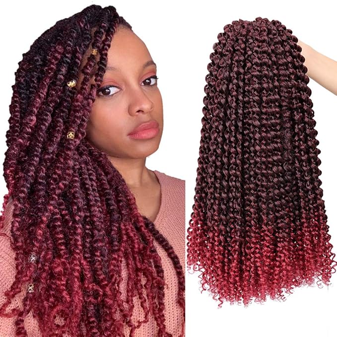 Dorsanee Ombre Burgundy Passion Twist Hair 14 Inch 7 Packs Water Wave Crochet Hair Long Bohemian Curly Braiding Hair for Butterfly Locs, Faux Locs, Boho Style Spring Twist Crochet Braids (TBug#)
