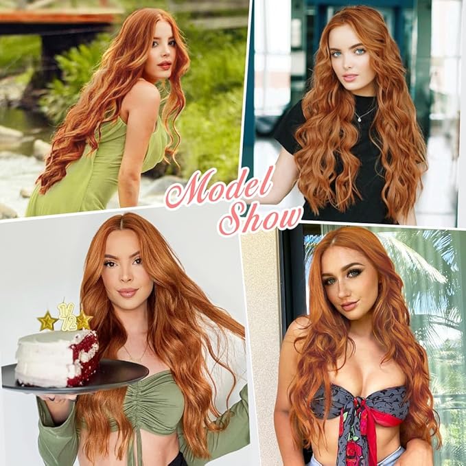 ALXNAN Clip in Hair Extension,Long Wavy Hair Extensions 20 Inch Orange Red 4PCS Thick Hairpieces for Women