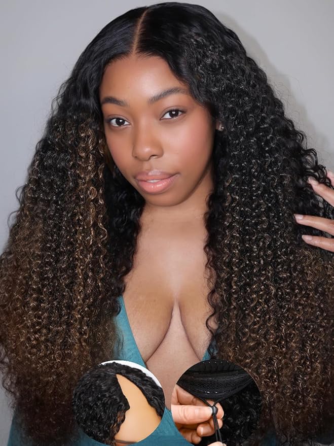 Julia Hair EasiContour V Part Curly Wigs Human Hair 12A Ombre Black to Chestnut Brown Glueless Wigs Clip in Vpart Wig No Leave Out Upgrade U Part Wig Beginner Friendly Ready to Go 24 Inch
