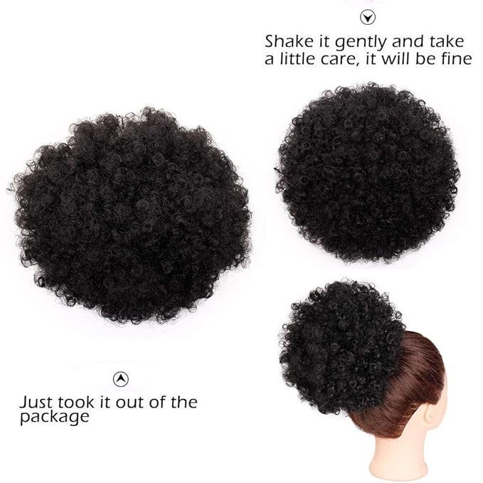 AISI QUEENS Afro Puff Drawstring Ponytail Synthetic Short Afro Kinkys Curly Afro Bun Extension Hairpieces Updo Hair Extensions with Two Clips Natural Black Large Size(1B#)