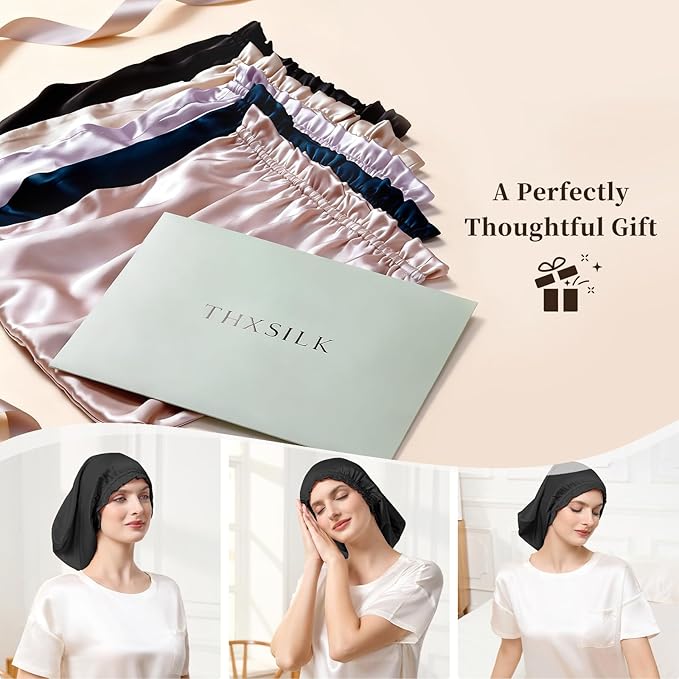 THXSILK 100% Mulberry Silk Bonnet for Sleeping Women, Silk Bonnet with Elastic Band, Hair Wrap Cap for Women Curly Hair, Black
