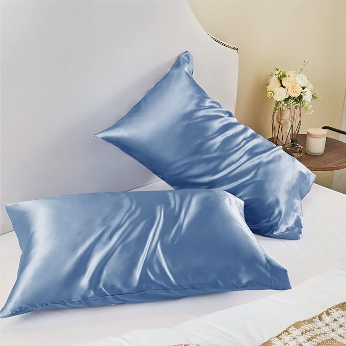 BEDELITE Satin Pillowcase for Hair and Skin, Super Soft and Cooling Similar to Silk Pillow Cases 2 Pack with Envelope Closure, Gift for Women Men(20"x26" Standard Size, Airy Blue)