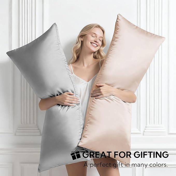 MR&HM Satin Body Pillow Cover, Soft and Breathable Body Pillow Case with Envelope Closure, Cooling and Silky Long Pillowcase for Hair and Skin,Grey (20x54, Mocha Mousse)