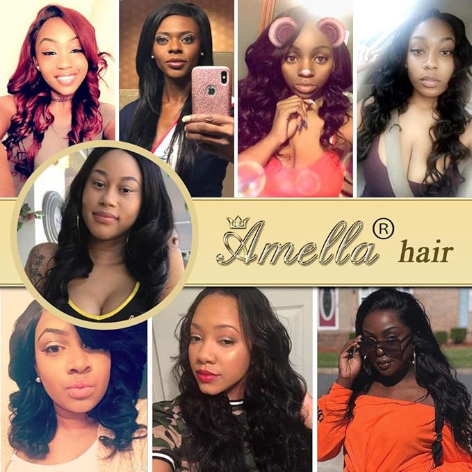 Amella Hair Brazilian Body Wave Hair 3 Bundles with Free Part Closure 10A Unprocessed Virgin Human Hair Bundles with Closure Natural Black Color(20 22 24+20inch free part closure)
