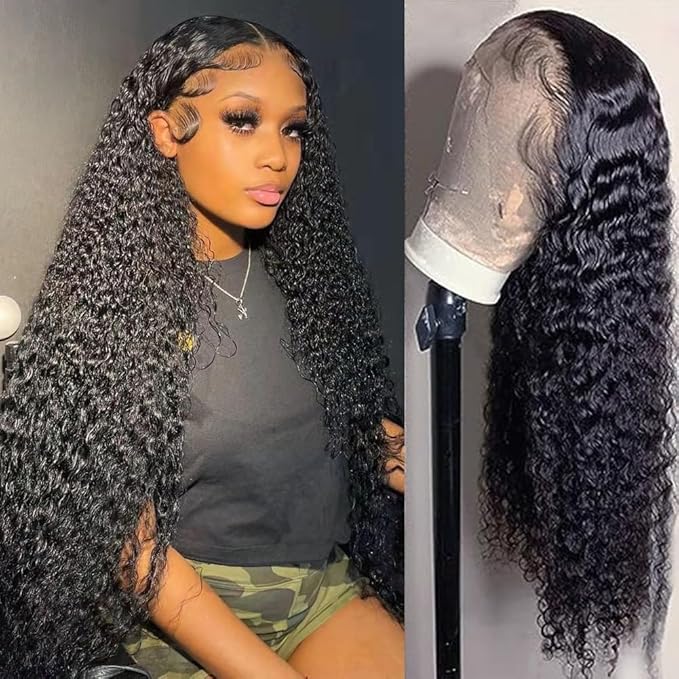 13x4 Deep Wave Lace Front Wigs Human Hair 180 Density Short Curly Wigs for Women Gluless Wigs Human Hair Pre Plucked Bleached Knots With Baby Hair Natural Hairline (18 Inch)