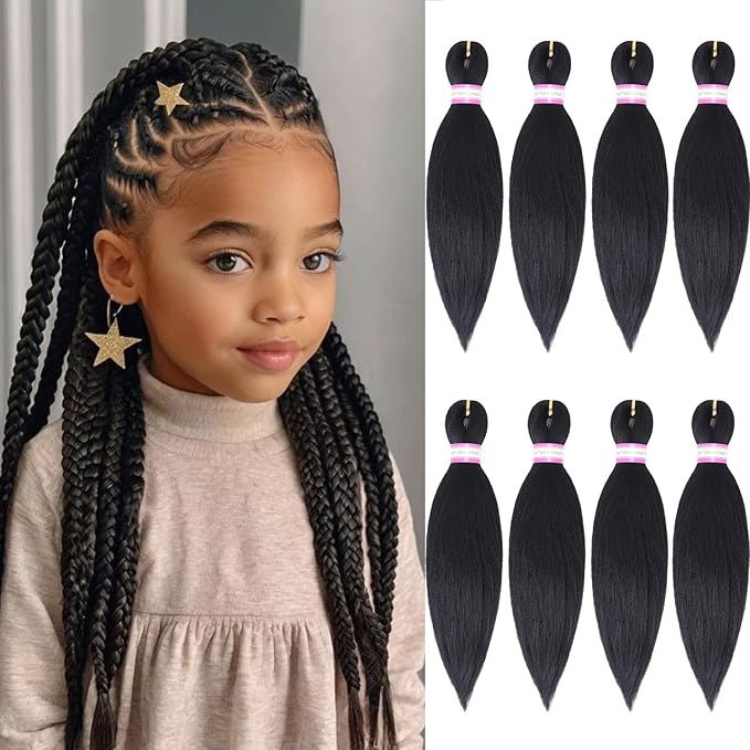 Pre Stretched Braiding Hair Extensions Black 12 Inch 8 Packs Girls Braiding Hair Natural Easy Braid Hot Water Setting Professional Soft Synthetic Yaki Straight Texture (#1B)