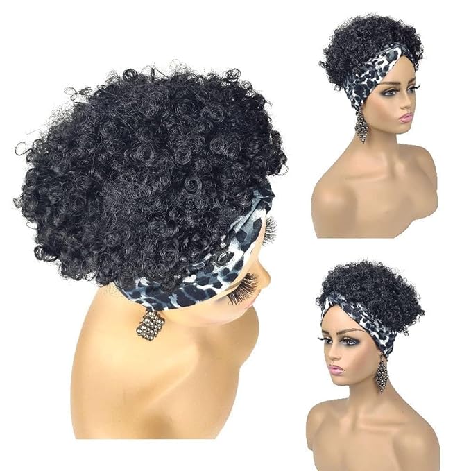 Short Afro Wigs for Black Women Afro Kinky Curly Wigs with Headbands Attached No Drawstring Leopard Short Headband Afro Puff Wigs for Black Women
