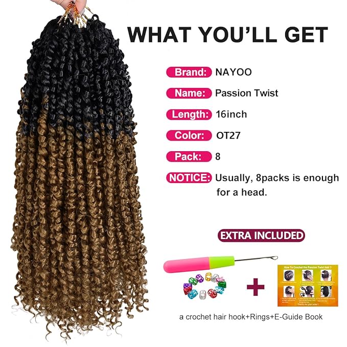 NAYOO Passion Twist Hair - 8 Packs 16 Inch Passion Twist Crochet Hair For Women, Crochet Pretwisted Curly Hair Passion Twists Synthetic Braiding Hair Extensions(16 Inch 8 Packs, OT27)