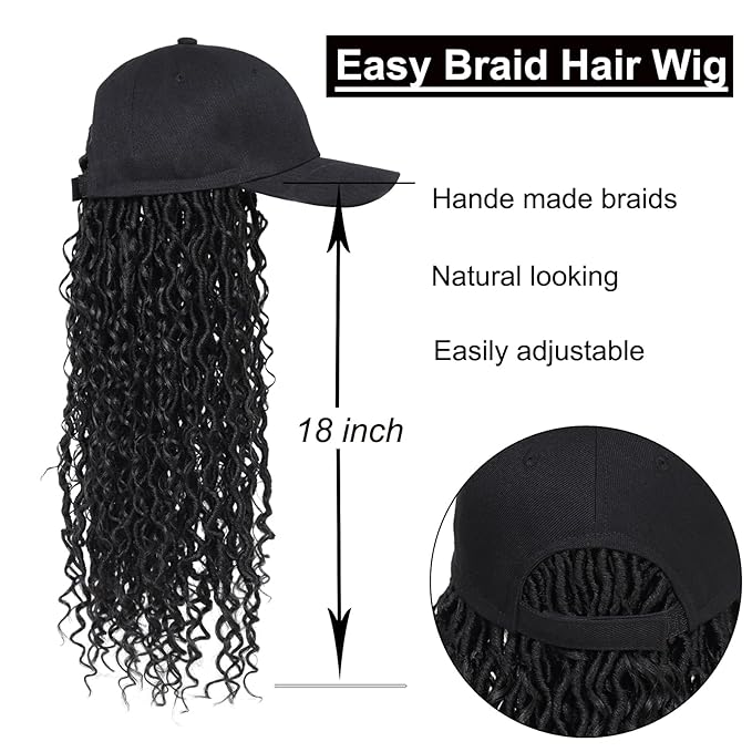 Braided Baseball Cap Wig Faux Locs Curly Braid Hair Extensions with Hat Black Color Synthetic Cap Wig with 18inch Long Locs Braiding Hair wig for Women (18inch 1B)