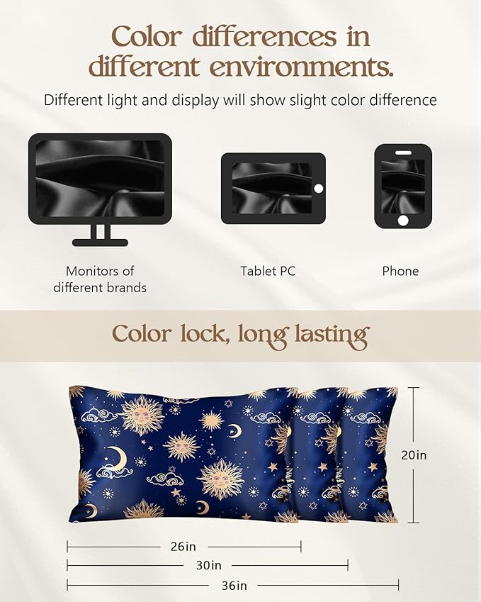 Silk Pillowcase 2 Pack - Cute Pillow Cases 20" x 26" Standard Size Set of 2 for Hair and Skin Smooth Soft Breathable with Hidden Zipper Cooling Pillow Covers for Sleeping, Sun Moon Sign