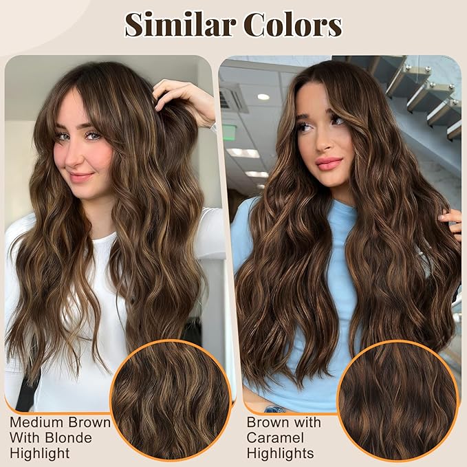 ALXNAN Clip in Long Wavy Synthetic Hair Extension 24 Inch Medium Brown with Blonde Highlights 4PCS Thick Hairpieces Fiber Double Weft Hair for Women