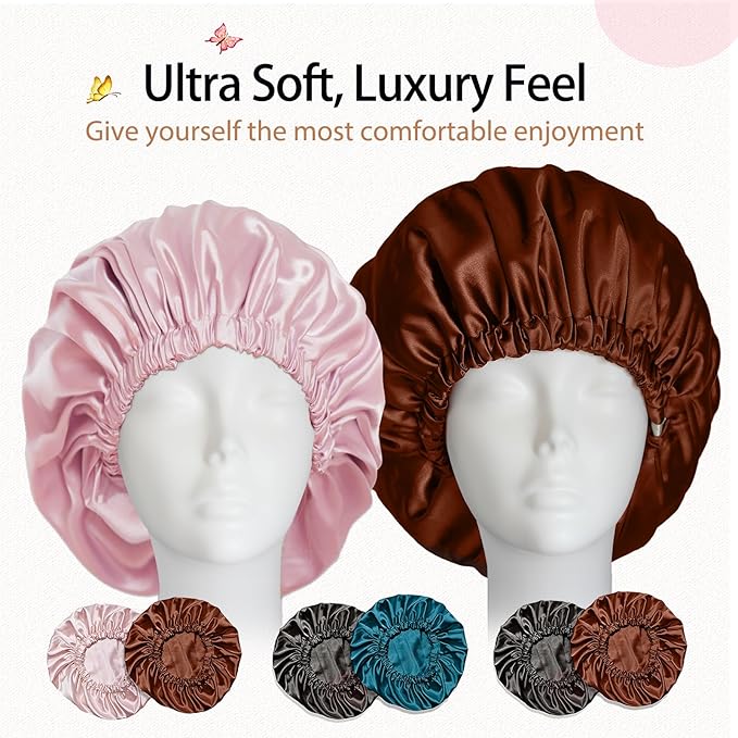 2 Pack silk bonnet for sleeping women-Double Layer Adjustable Sleep Cap-Soft and Silk Hair Bonnet for Curly Hair Protection-(Black & Teal)