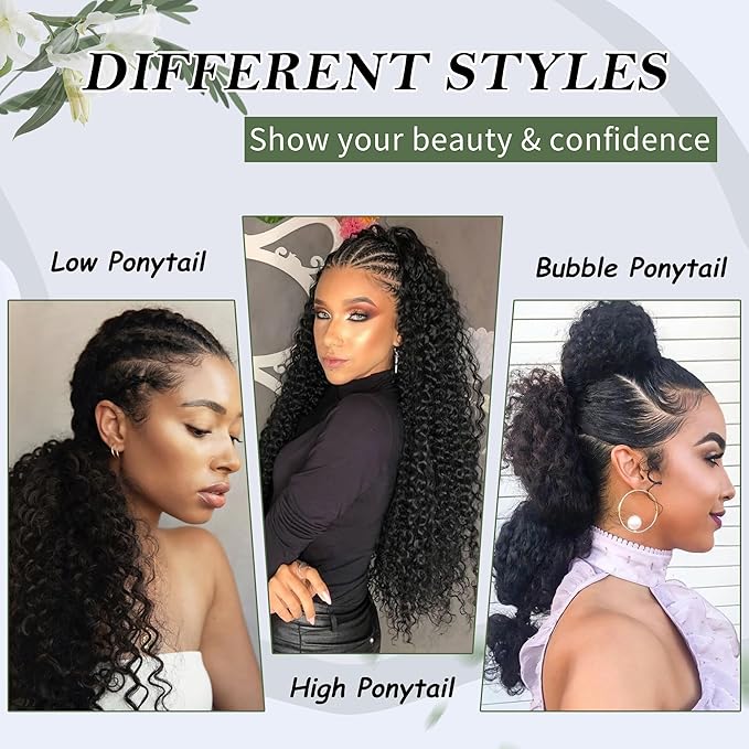 27 Inch Drawstring Ponytail Extension for Black Women Deep Curly Ponytail Extension Synthetic Mixed with Human Hair Hairpieces Afro Kinky Curly Pony Tail for Daily Use (Light Brown)