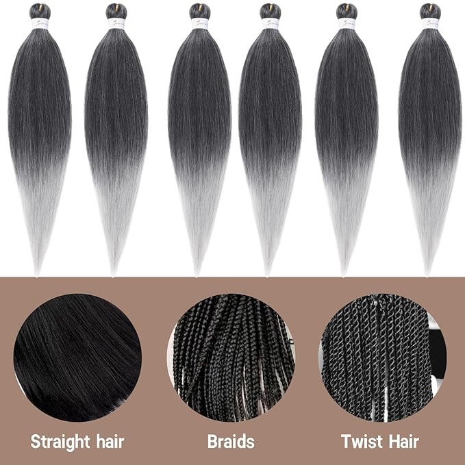 Ombre Braiding Hair 24 Inch Pre Stretched Braiding Hair Professional Hair Extensions 6 Packs Ombre Black to Gray Synthetic Crochet Hair Braids Yaki Texture Hair Braiding(24Inch,1B/Silver#)