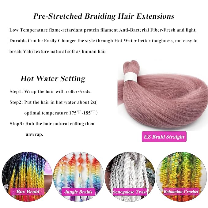 Pre Stretched Braiding Hair Kanekalo Rose Gold Pink Braiding Hair Pre Stretched Colored Hair Extensions for Braiding Box Braids Crochet Hair Knotless Prestretched Braiding Hair 26 inch