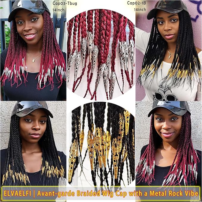 14" Box Braid Hair Extensions Burgundy w/Silver Clasps, PU Baseball Cap Wig for Women Girls Easy Wear